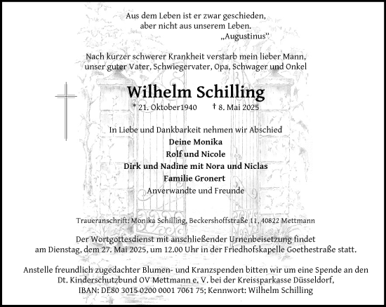 Traueranzeige von Wilhelm Schilling von trauer.duesseldorfer-anzeiger.de