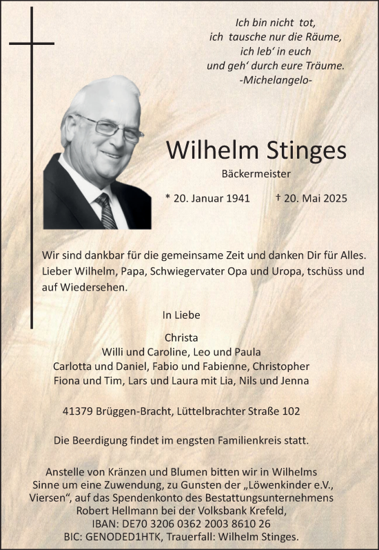 Traueranzeige von Wilhelm Stinges von trauer.extra-tipp-moenchengladbach.de