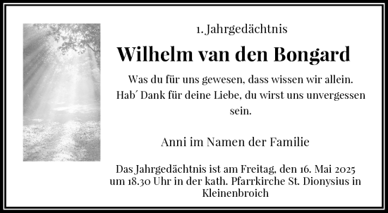 Traueranzeige von Wilhelm van den Bongard von trauer.extra-tipp-moenchengladbach.de