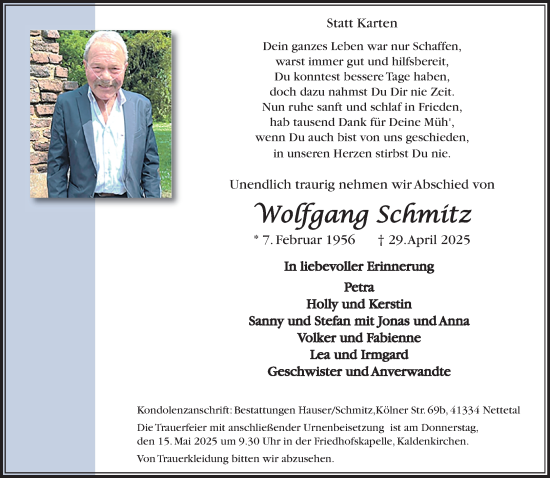 Traueranzeige von Wolfgang Schmitz von trauer.extra-tipp-moenchengladbach.de