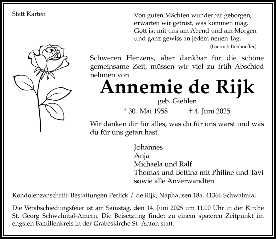 Traueranzeige von Annemie de Rijk von trauer.extra-tipp-moenchengladbach.de