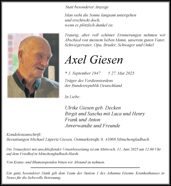 Traueranzeige von Axel Giesen von trauer.extra-tipp-moenchengladbach.de