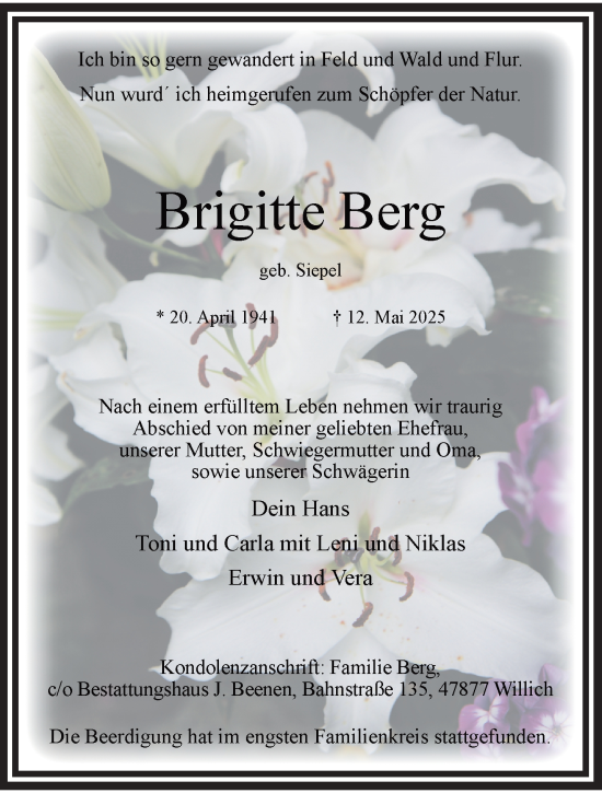 Traueranzeige von Brigitte Berg von trauer.extra-tipp-moenchengladbach.de