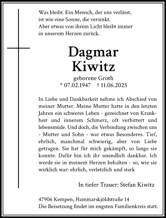 Traueranzeige von Dagmar Kiwitz von trauer.extra-tipp-moenchengladbach.de