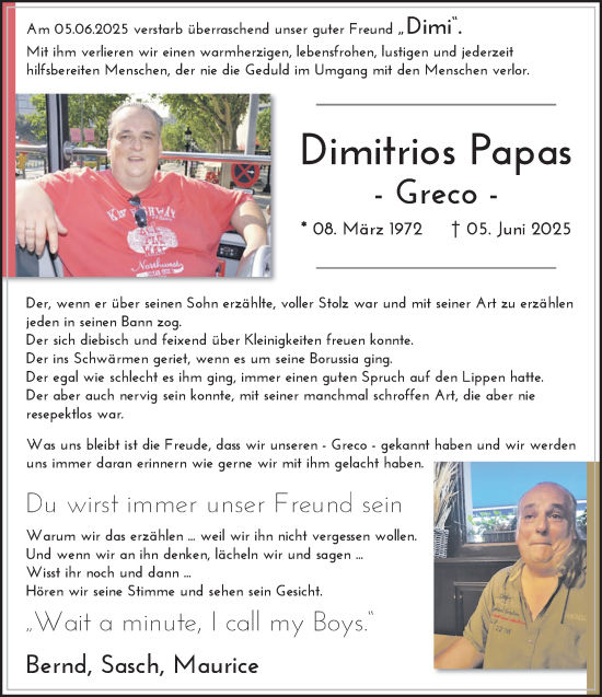 Traueranzeige von Dimitrios Papas von trauer.extra-tipp-moenchengladbach.de