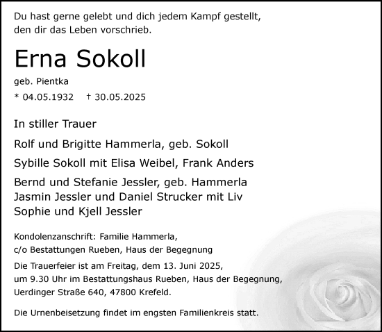 Traueranzeige von Erna Sokoll von trauer.extra-tipp-moenchengladbach.de