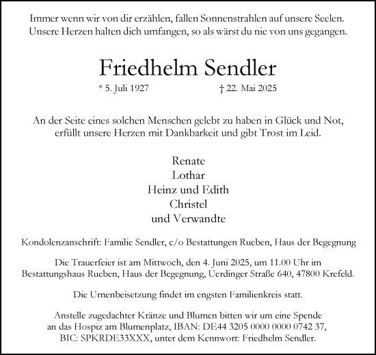 Traueranzeige von Friedhelm Sendler von trauer.extra-tipp-moenchengladbach.de