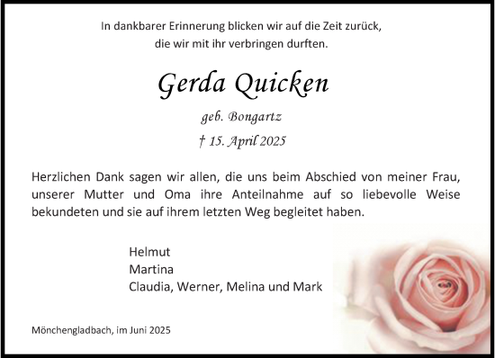 Traueranzeige von Gerda Quicken von trauer.extra-tipp-moenchengladbach.de