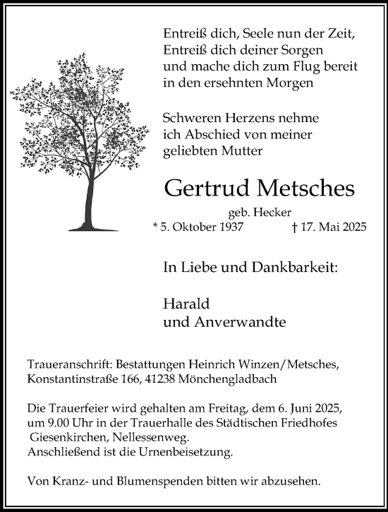 Traueranzeige von Gertrud Metsches von trauer.extra-tipp-moenchengladbach.de
