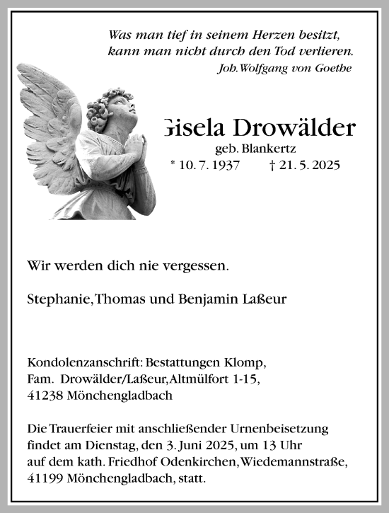 Traueranzeige von Gisela Drowälder von trauer.extra-tipp-moenchengladbach.de