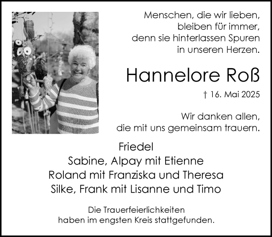 Traueranzeige von Hannelore Roß von trauer.extra-tipp-moenchengladbach.de