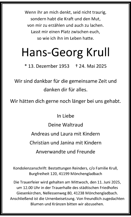 Traueranzeige von Hans-Georg Krull von trauer.extra-tipp-moenchengladbach.de