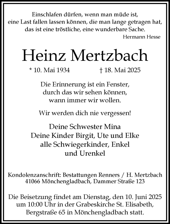 Traueranzeige von Heinz Mertzbach von trauer.extra-tipp-moenchengladbach.de