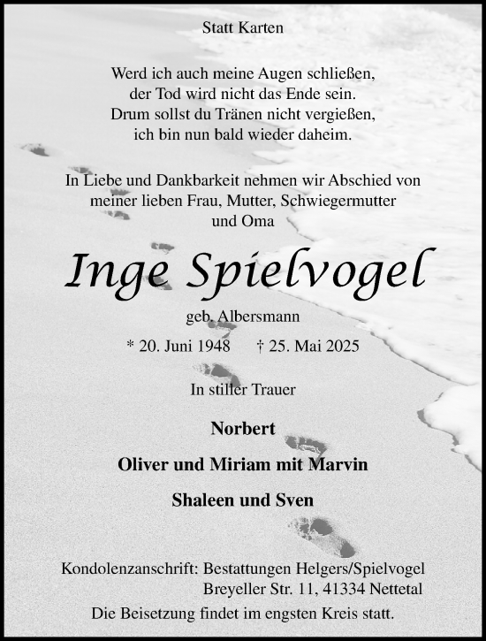 Traueranzeige von Inge Spielvogel von trauer.extra-tipp-moenchengladbach.de