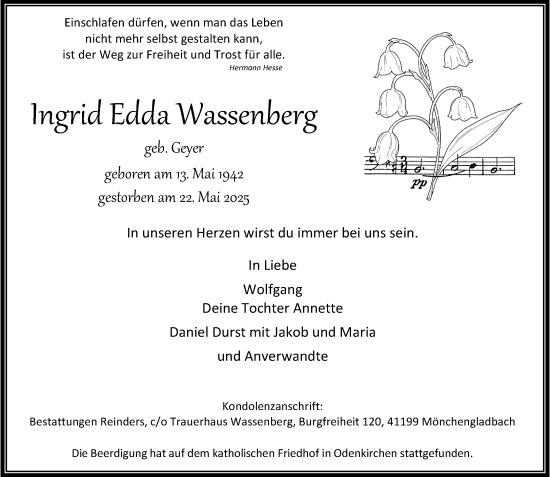 Traueranzeige von Ingrid Edda Wassenberg von trauer.extra-tipp-moenchengladbach.de