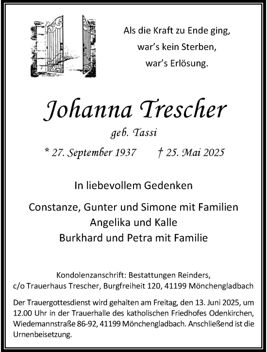 Traueranzeige von Johanna Trescher von trauer.extra-tipp-moenchengladbach.de