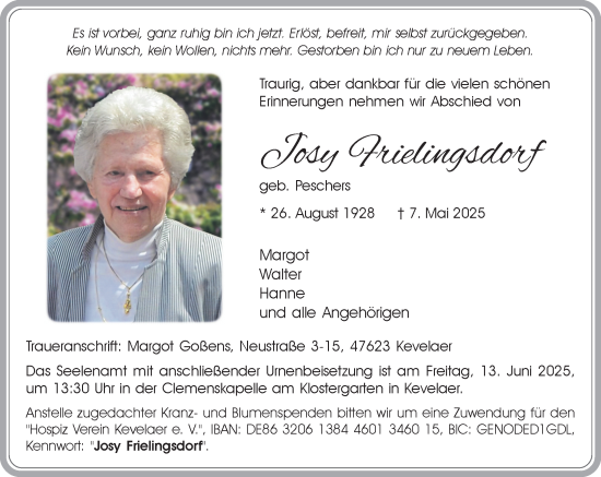 Traueranzeige von Josy Frielingsdorf von trauer.extra-tipp-moenchengladbach.de