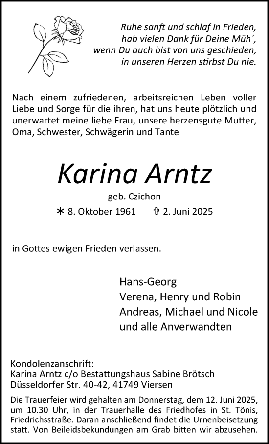 Traueranzeige von Karina Arntz von trauer.extra-tipp-moenchengladbach.de