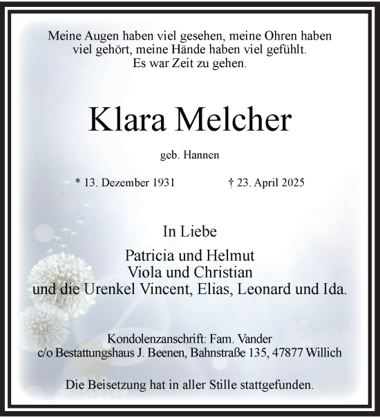 Traueranzeige von Klara Melcher von trauer.extra-tipp-moenchengladbach.de