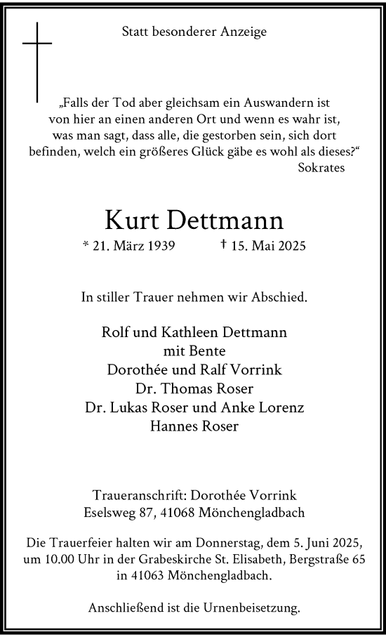Traueranzeige von Kurt Dettmann von trauer.extra-tipp-moenchengladbach.de