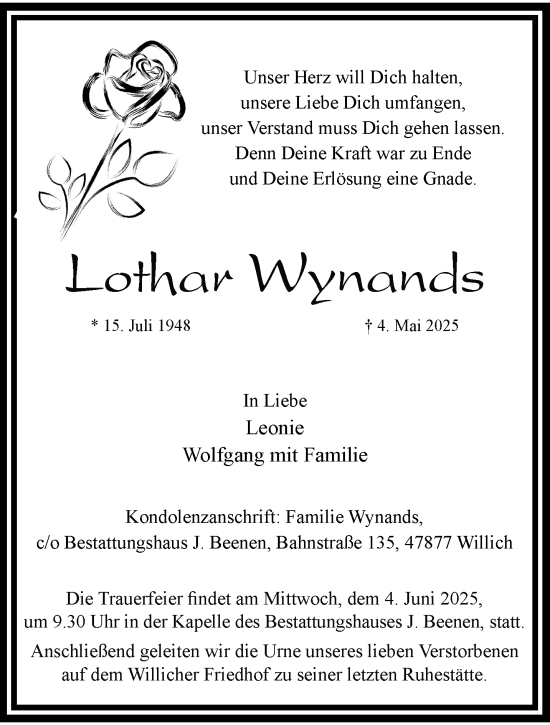 Traueranzeige von Lothar Wynands von trauer.extra-tipp-moenchengladbach.de