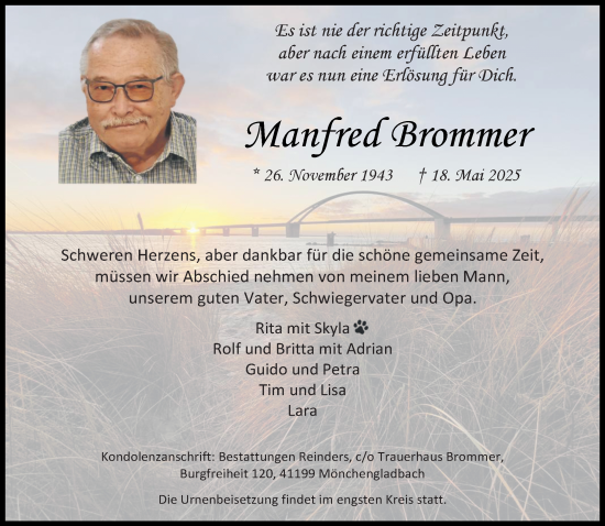 Traueranzeige von Manfred Brommer von trauer.extra-tipp-moenchengladbach.de