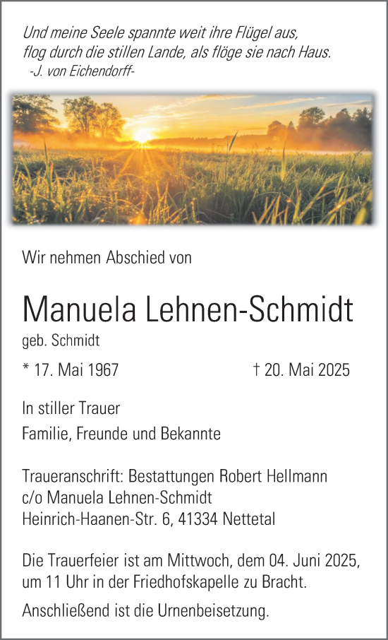 Traueranzeige von Manuela Lehnen-Schmidt von trauer.extra-tipp-moenchengladbach.de