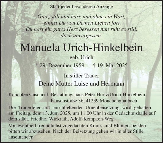 Traueranzeige von Manuela Urich-Hinkelbein von trauer.extra-tipp-moenchengladbach.de