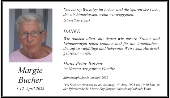 Traueranzeige von Margie Bucher von trauer.extra-tipp-moenchengladbach.de