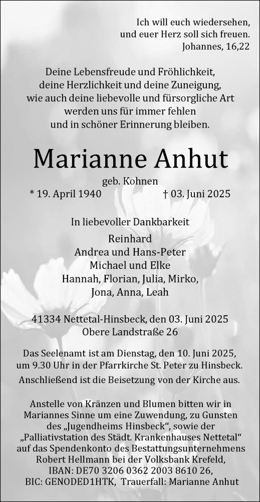 Traueranzeige von Marianne Anhut von trauer.extra-tipp-moenchengladbach.de