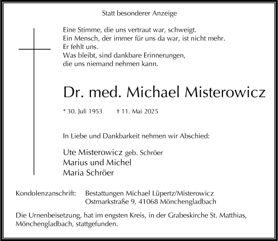 Traueranzeige von Michael Misterowicz von trauer.extra-tipp-moenchengladbach.de
