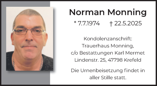 Traueranzeige von Norman Monning von trauer.extra-tipp-moenchengladbach.de