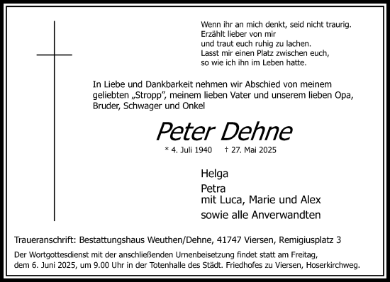 Traueranzeige von Peter Dehne von trauer.extra-tipp-moenchengladbach.de