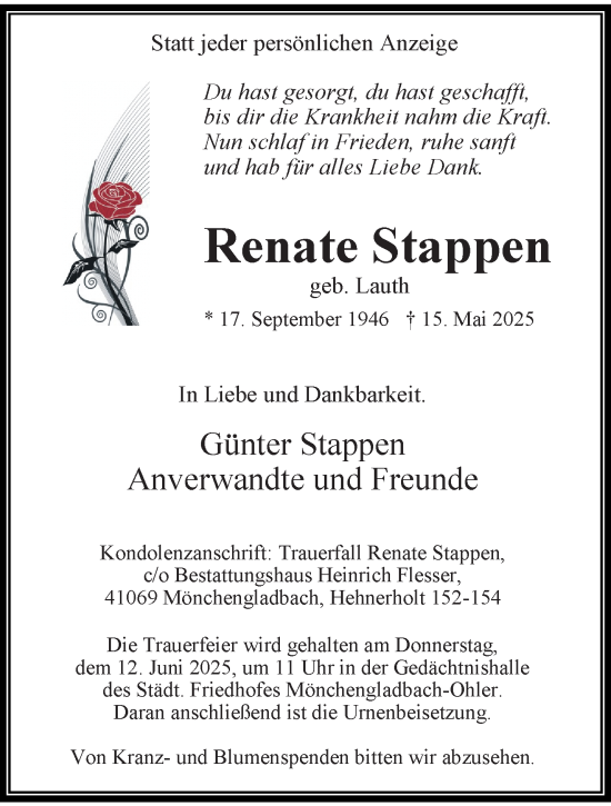 Traueranzeige von Renate Stappen von trauer.extra-tipp-moenchengladbach.de