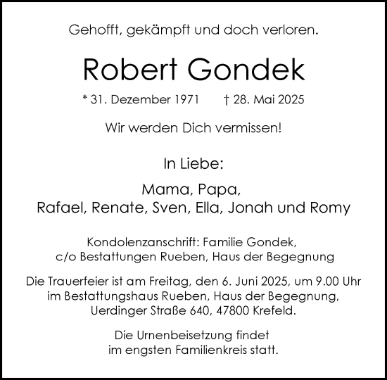 Traueranzeige von Robert Gondek von trauer.extra-tipp-moenchengladbach.de