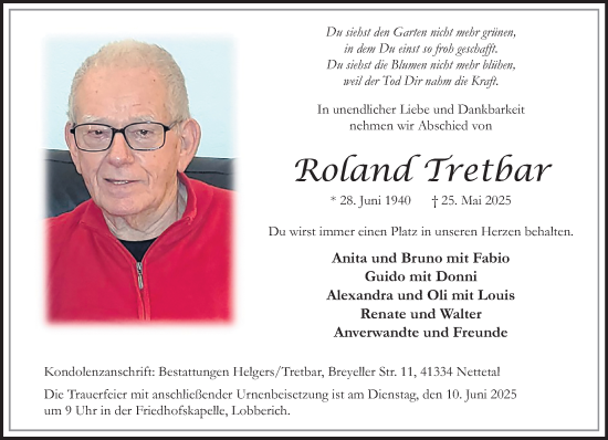 Traueranzeige von Roland Tretbar von trauer.extra-tipp-moenchengladbach.de