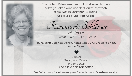 Traueranzeige von Rosemarie Schlösser von trauer.extra-tipp-moenchengladbach.de