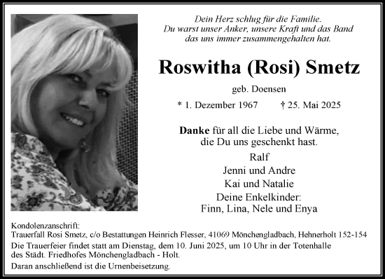 Traueranzeige von Roswitha Smetz von trauer.extra-tipp-moenchengladbach.de