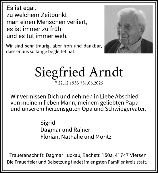 Traueranzeige von Siegfried Arndt von trauer.extra-tipp-moenchengladbach.de