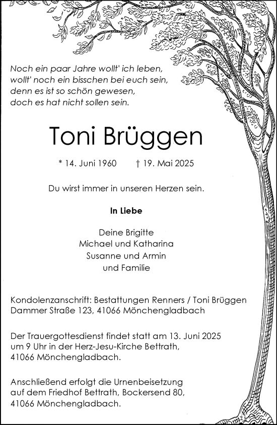 Traueranzeige von Toni Brüggen von trauer.extra-tipp-moenchengladbach.de