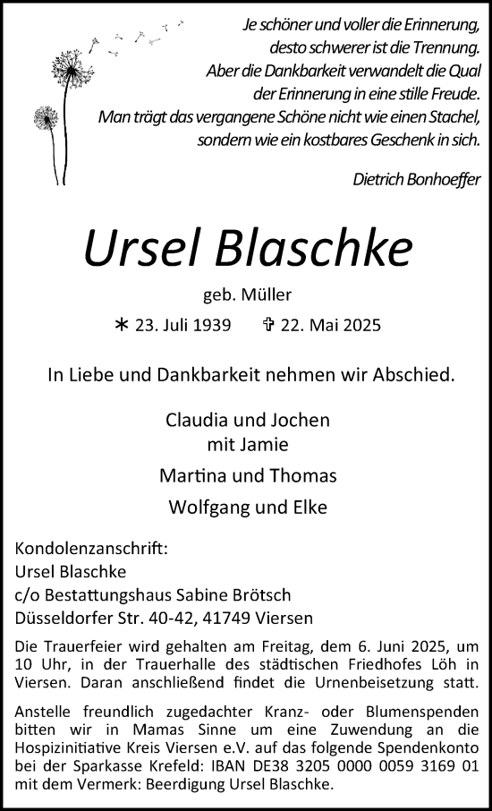Traueranzeige von Ursel Blaschke von trauer.extra-tipp-moenchengladbach.de