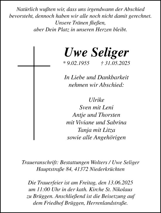 Traueranzeige von Uwe Seliger von trauer.extra-tipp-moenchengladbach.de