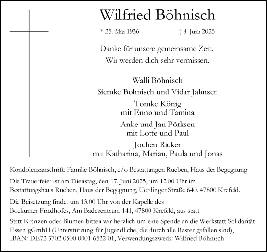 Traueranzeige von Wilfried Böhnisch von trauer.extra-tipp-moenchengladbach.de
