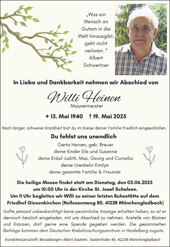 Traueranzeige von Willi Heinen von trauer.extra-tipp-moenchengladbach.de