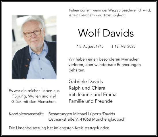 Traueranzeige von Wolf Davids von trauer.extra-tipp-moenchengladbach.de