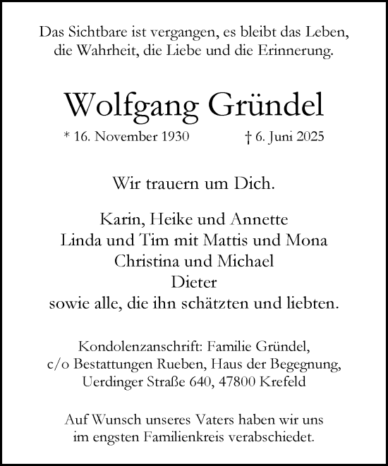 Traueranzeige von Wolfgang Gründel von trauer.extra-tipp-moenchengladbach.de
