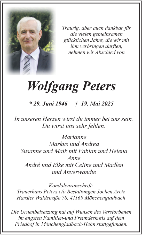 Traueranzeige von Wolfgang Peters von trauer.extra-tipp-moenchengladbach.de