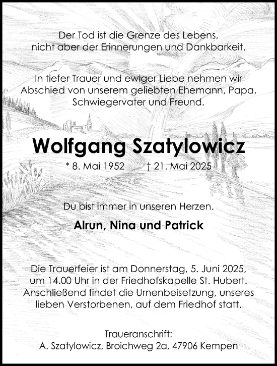 Traueranzeige von Wolfgang Szatylowicz von trauer.extra-tipp-moenchengladbach.de