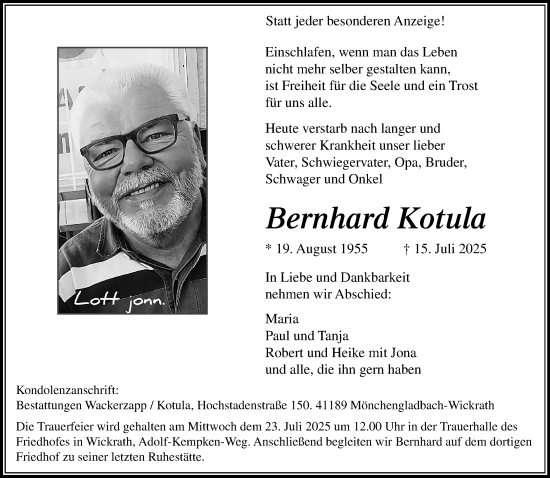 Traueranzeige von Bernhard Kotula von trauer.extra-tipp-moenchengladbach.de