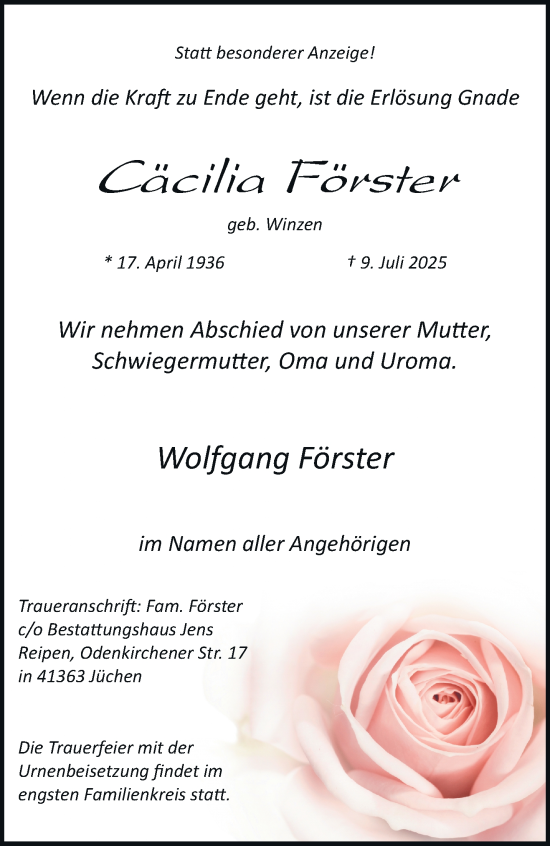 Traueranzeige von Cäcilia Förster von trauer.stadt-kurier.de